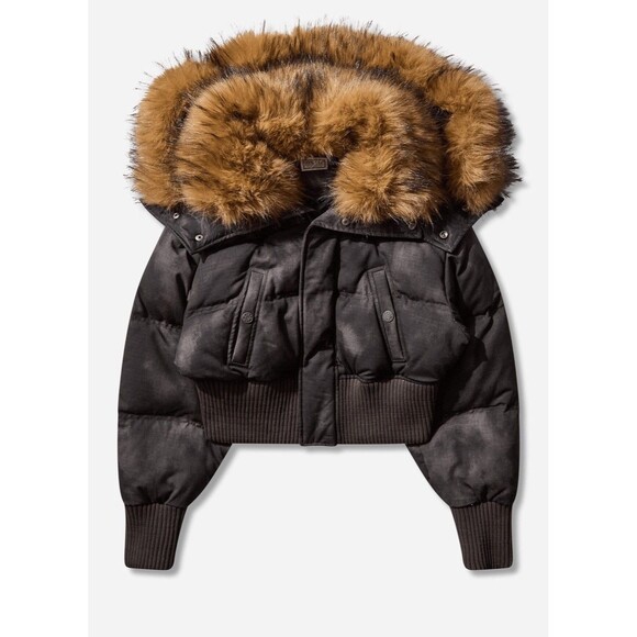 Y2K jacket zip Fur Hood Puffer Jacket XS Crop Bomber Black Down Express - Picture 3 of 14